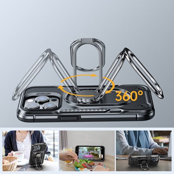 Joyroom Dual Hinge iPhone 14-deksel, pansret deksel med stativ, ringholder, sort