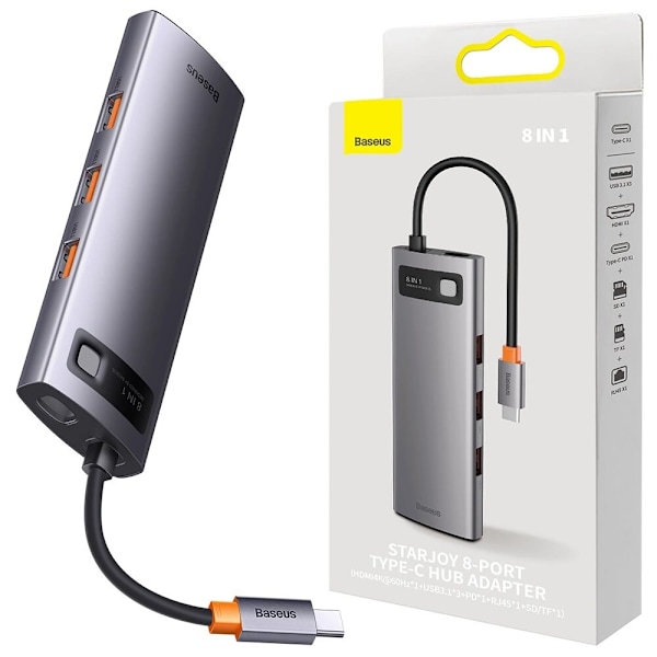 BASEUS HUB 8IN1 USB-C TIL USB-C PD / 3X USB-A / HDMI / RJ-45 / SD TF GRÅ
