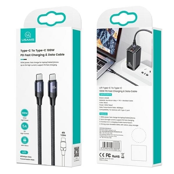 USAMS-kabel U71 USB-C till USB-C 1,2m 100W PD Snabbladdning svart/svart SJ524USB01 (US-SJ524)