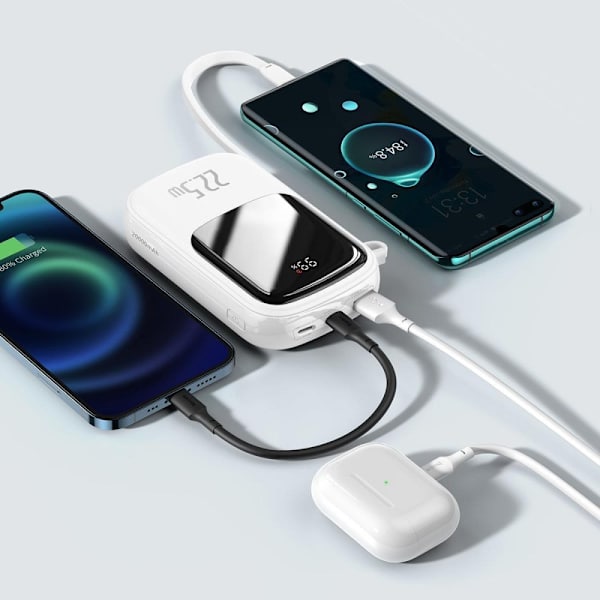 Baseus Qpow Digital Display Powerbank med hurtiglading 20000mAh 22,5W QC/PD/SCP/FCP med innebygd USB-C-kabel hvit