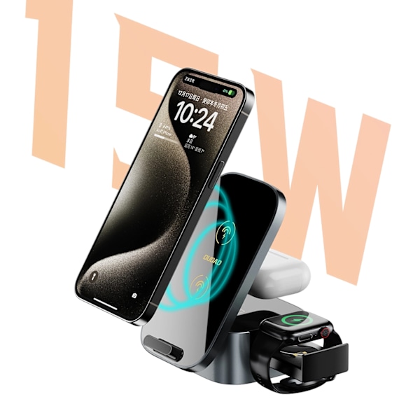 DUDAO A11PRO+ INDUKTIV OPLADER 15W 3I1 TIL TELEFON / SMARTWATCH / HOVEDTELEFONER - SORT