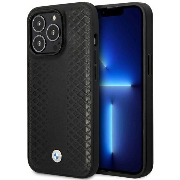 BMW LÆDER DIAMOND PATTERN MAGSAFE ETUI TIL IPHONE 14 PRO MAX - SORT