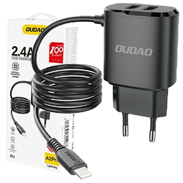Dudao 2x USB-vegglader med innebygd 12 W Lightning-kabel sort (A2ProL svart)
