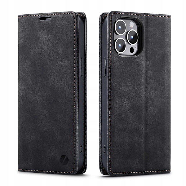 Spacecase Plånboksfodral Till Iphone 15 Pro Svart Läder Med Fickor