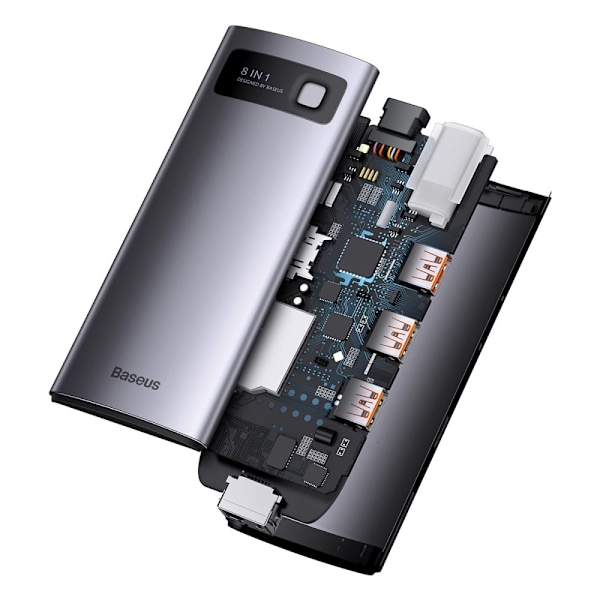 BASEUS HUB 8IN1 USB-C TIL USB-C PD / 3X USB-A / HDMI / RJ-45 / SD TF GRÅ