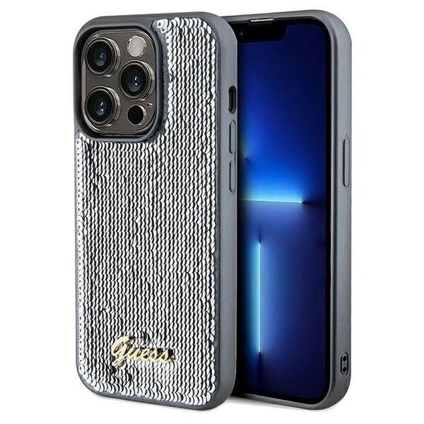 Guess Sequin Script metalldeksel til iPhone 14 Pro Max - Sølv