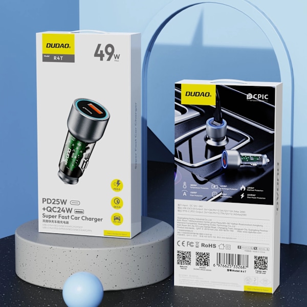 DUDAO R4T 30W USB-A / USB-C BILOPLADER - GRÅ