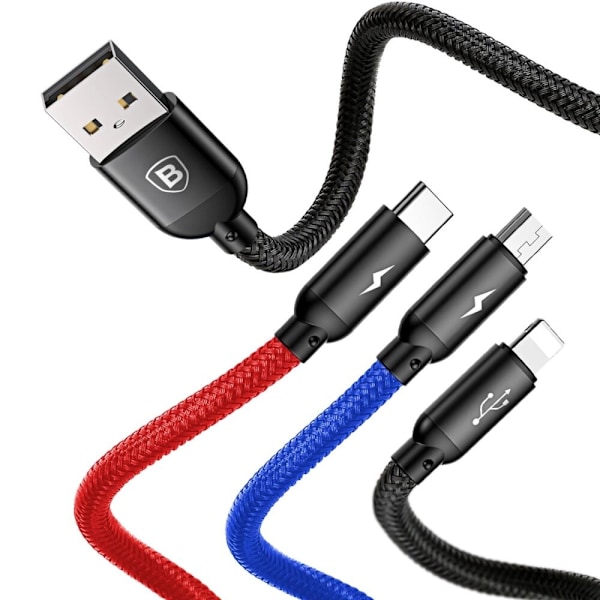 Baseus tre primærfarger 3-i-1 USB-A - mikro-USB / Lightning / USB-C 3,5A-kabel 0,3 m - svart