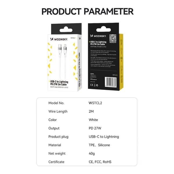 Wozinsky WSTCL2 Lightning / USB-C PD 27W kabel 2 m - hvit