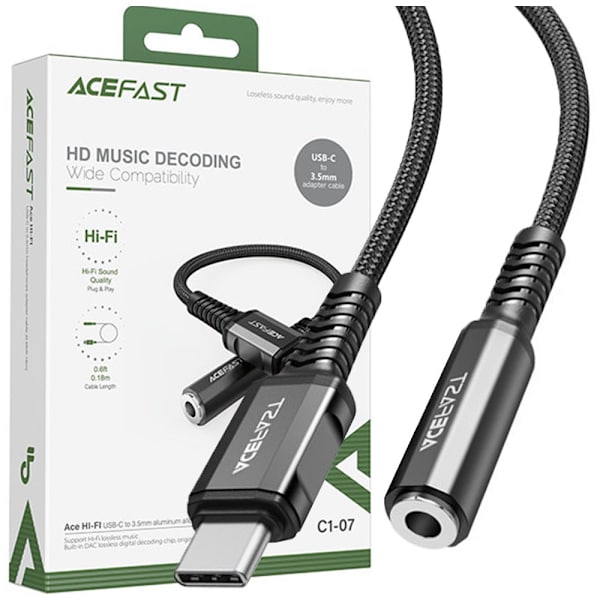 ACEFAST-KABEL STÆRKT LYDKABEL USB C-3,5MM MINI-JACK 18CM DAC AUX SORT