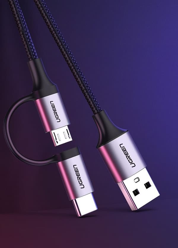 UGRØN HURTIG KABEL HOLDBAR LANG 2I1 USB TIL MICRO USB USB-C 1M