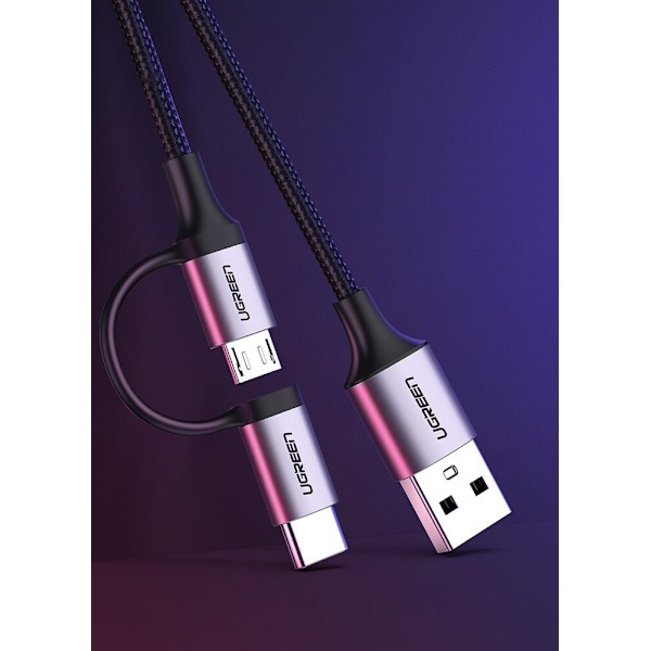 Ugrønn kabel 2-i-1 USB - mikro-USB / USB Type C 1m 2.4A svart (30875)