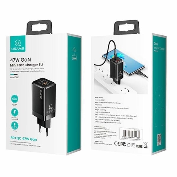 USAMS Lad. nätverk. T41 USB-C+USB GaN 47W PD+QC (endast huvud) Snabbladdning vit/vit CC137TC02 (US-CC137)