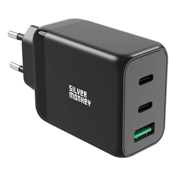 Silver Monkey GaN 65W vegglader 2x USB-C PD 1x USB-A QC 3.0 - svart