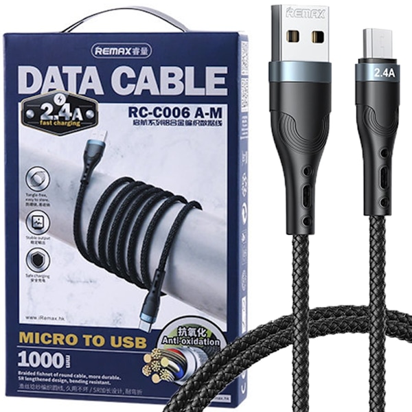 Remax USB - mikro USB-kabel for lading og dataoverføring 2,4A 1m svart (RC-C006)