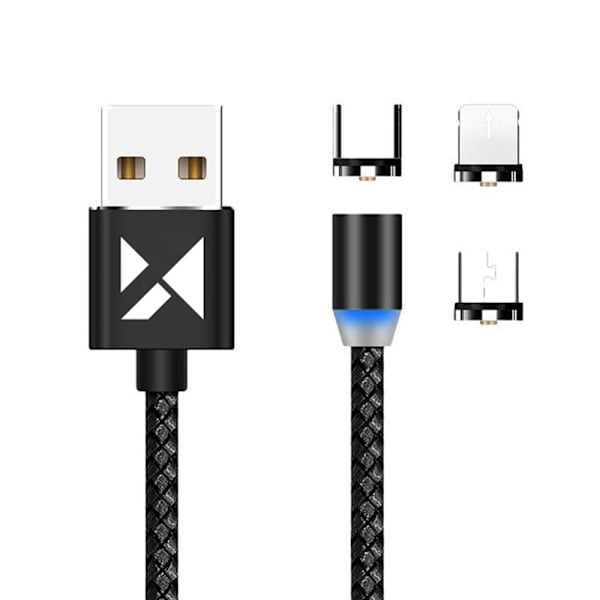 Wozinsky magnetkabel USB / micro USB / USB Typ C / Lightning 2.4A 1m med LED svart (WMC-01)