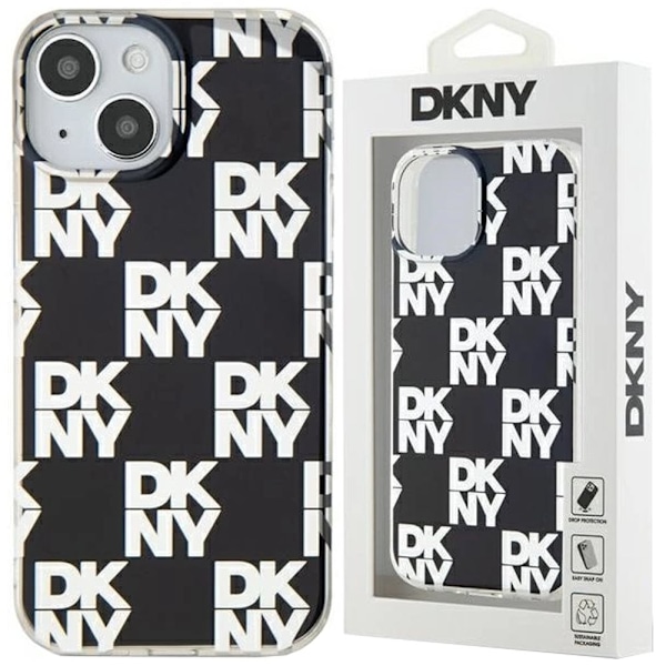 DKNY IML rutete monomønster-deksel til iPhone 15/14/13 - svart