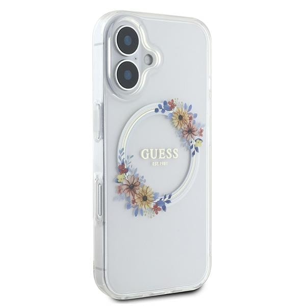 Guess GUHMP16MHFWFCT iPhone 16 Plus 6,7" genomskinligt hårt fodral IML Flowers Wreath MagSafe