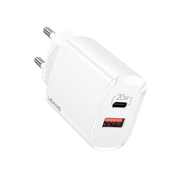 USAMS Lad. nätverk. 1xUSB-C+1xUSB T35 20W (endast huvud) PD3.0 +QC3.0 Snabbladdning vit/vit CC121TC01 (US-CC121)