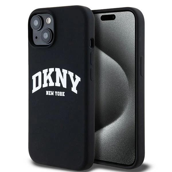 DKNY flytende silikon Hvit trykt logo MagSafe-deksel til iPhone 15/14/13 - Svart