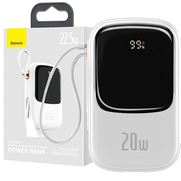 Baseus Qpow Digital Display strømbank med hurtiglading 20000mAh 20W QC/PD/SCP/FCP med innebygd Lightning-kabel hvit
