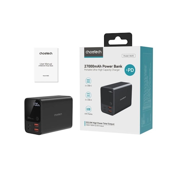 CHOETECH B635BK POWERBANK 2XUSB-A / 2XUSB-C 27000MAH - SORT