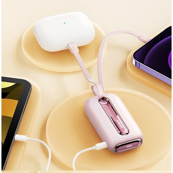 Joyroom Powerbank 10000mAh Colorful Series 22,5W, 2 innebygde USB C og Lightning-kabler rosa (JR-L012)