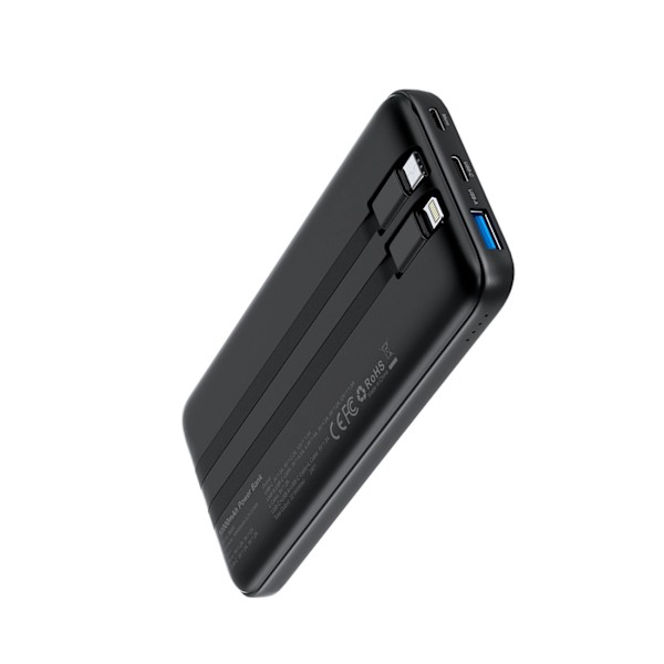CHOETECH B654 10000MAH 22,5W USB-A / USB-C / MICRO USB POWERBANK MED INDBYGGET USB-C / LIGHTNING-KABEL - SORT