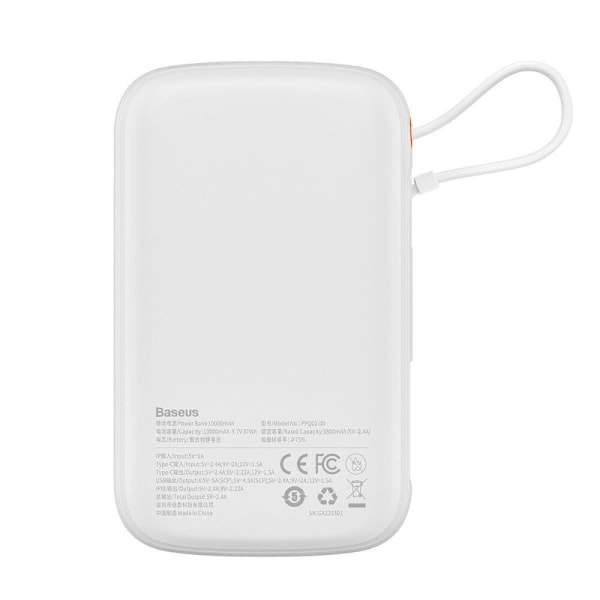 Baseus Qpow Digital Display strømbank med hurtiglading 10000mAh 20W QC/PD/SCP/FCP med innebygd Lightning-kabel hvit