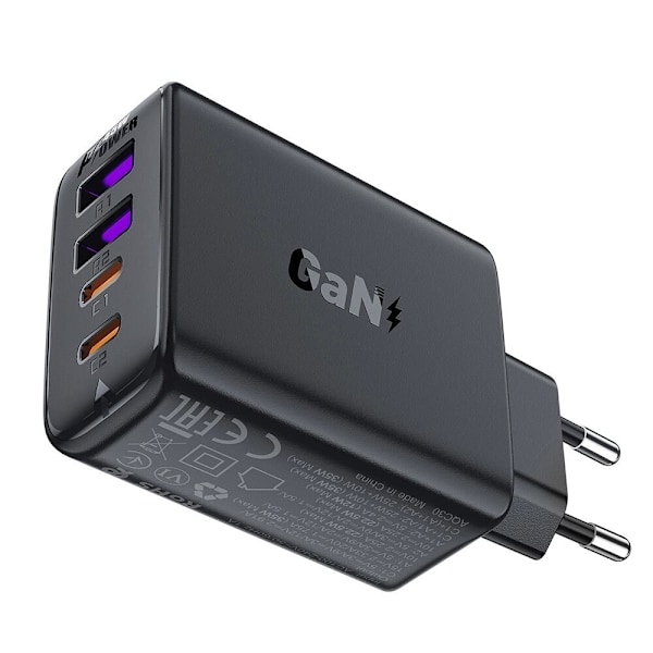 Acefast A61 PD 45W GaN-lader med 2 x USB-C + 2 x USB-A 4-porter - svart