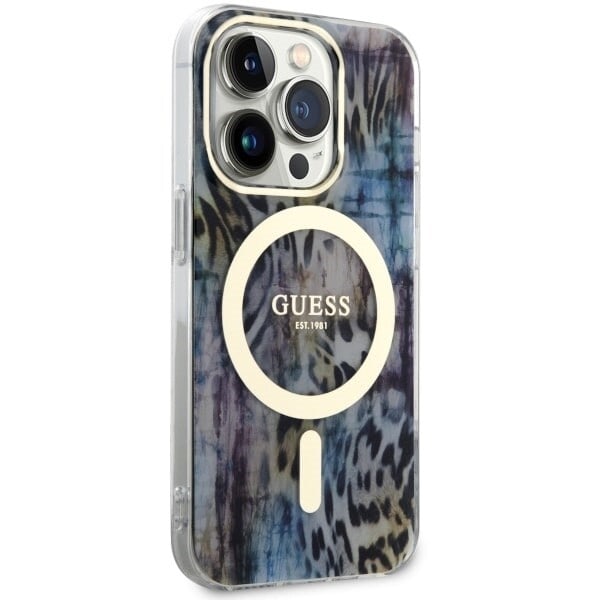 Guess GUHMP14LHLEOPWB-deksel til iPhone 14 Pro - blå Leopard MagSafe