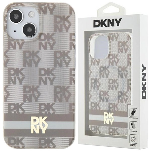 DKNY IML rutete monomønster og trykte striper MagSafe beskyttelsesdeksel iPhone 15 / 14 / 13 - beige