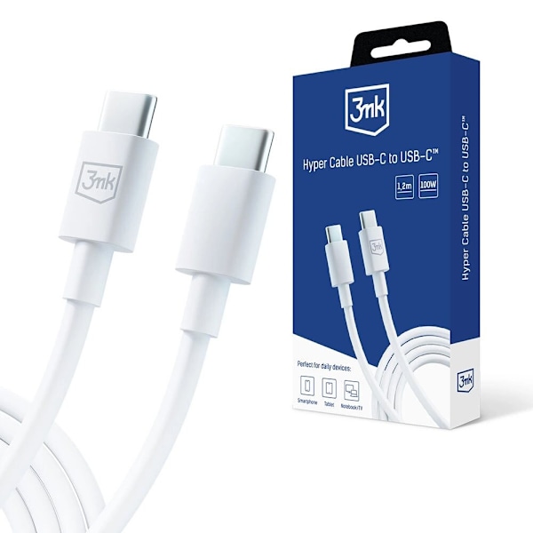 3mk Hyperkabel USB-C / USB-C 100W 1,2m - hvit