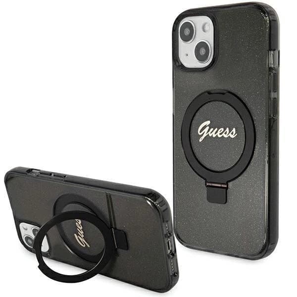 Guess Ring Stand Script Glitter MagSafe beskyttelsesdeksel til iPhone 15 - svart