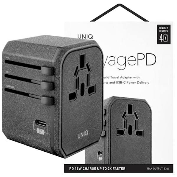 En unik gutt. til nettverket. Voyage World Adapter 33W + 2xUSB + PD 18W + QC 3.0 - grå (LITHOS Collective) Svart