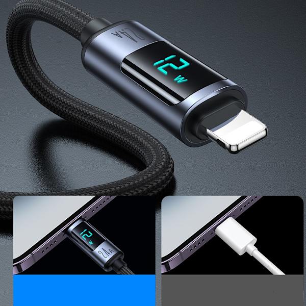 Lightning - USB A 2,4A 1,2m kabel med LED-skjerm Joyroom S-AL012A16 - svart