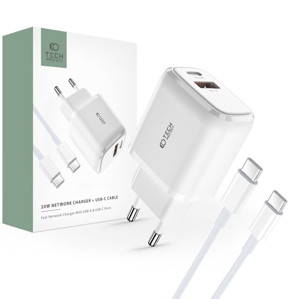 TECH-PROTECT C20W 2-PORTS STRØMLADER PD20W/QC3.0 + TYPE-C KABEL HVIT