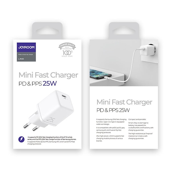 Joyroom hurtiglader USB Type C 25W 3A EU-plugg hvit (L-P251)