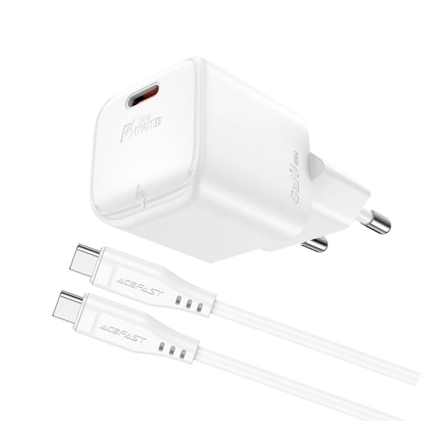 Acefast A73 Mini PD 20W GaN vegglader + USB-C kabel - hvit