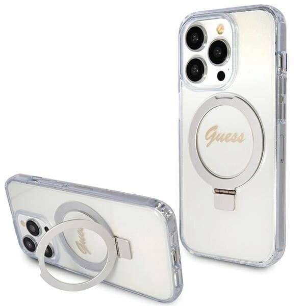 Guess Ring Stand Script Glitter MagSafe deksel til iPhone 15 Pro - gjennomsiktig