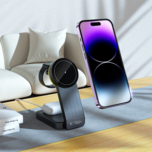 TECH-PROTECT QI15W-A28 3IN1 MAGNETISK MAGSAFE TRÅDLØS LADER SORT