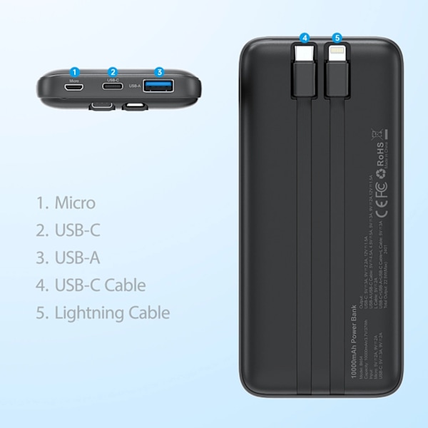 CHOETECH B654 10000MAH 22,5W USB-A / USB-C / MICRO USB POWERBANK MED INDBYGGET USB-C / LIGHTNING-KABEL - SORT