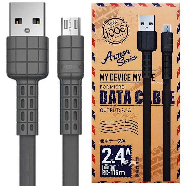 Remax Armor Series flatkabel USB / mikro USB-kabel 5V 2.4A svart (RC-116m)