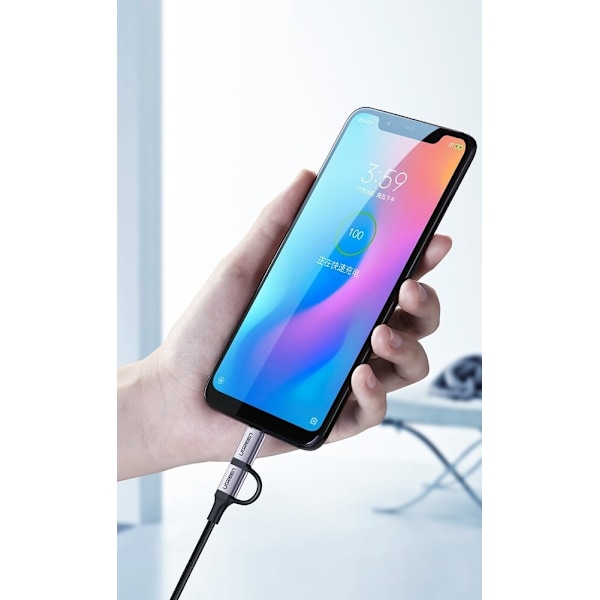 Ugrønn kabel 2-i-1 USB - mikro-USB / USB Type C 1m 2.4A svart (30875)
