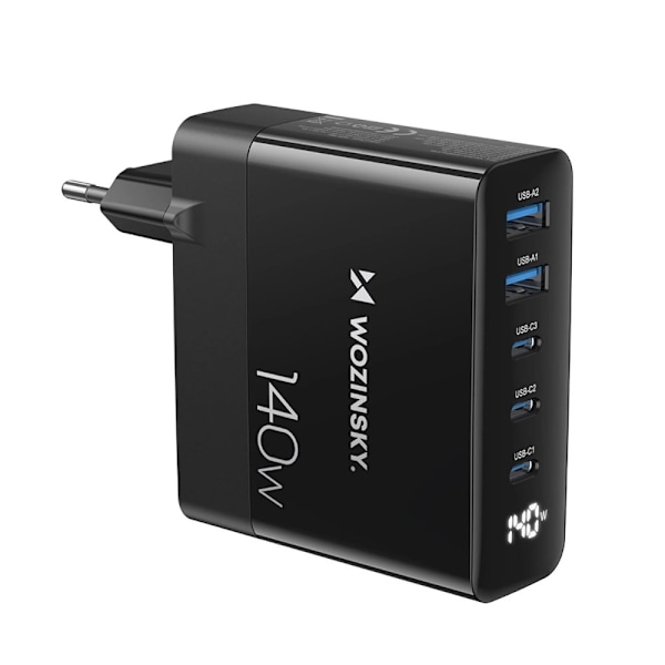 Wozinsky CGWCB 140W GaN vegglader 3 x USB-C / 2 x USB-A - svart