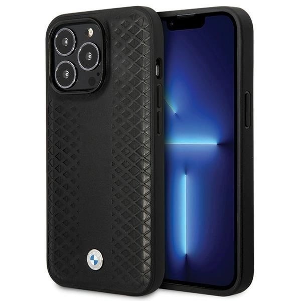 BMW LÆDER DIAMOND PATTERN COVER TIL IPHONE 14 PRO - SORT