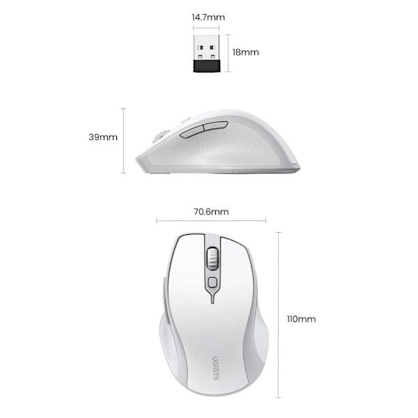 Ugreen MU101 ergonomisk trådløs mus Bluetooth / 2,4 GHz - hvit
