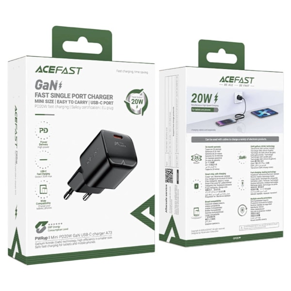 Acefast A73 Mini PD 20W GaN USB-C vegglader - svart