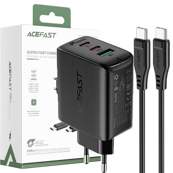 Acefast 2-i-1 vegglader 2x USB Type C / USB 65W, PD, QC 3.0, AFC, FCP (sett med kabel) svart (A13 svart)