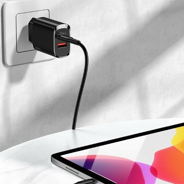 USAMS Lad. nätverk. 1xUSB-C+1xUSB T35 20W (endast huvud) PD3.0 +QC3.0 Snabbladdning svart/svart CC121TC02 (US-CC121)